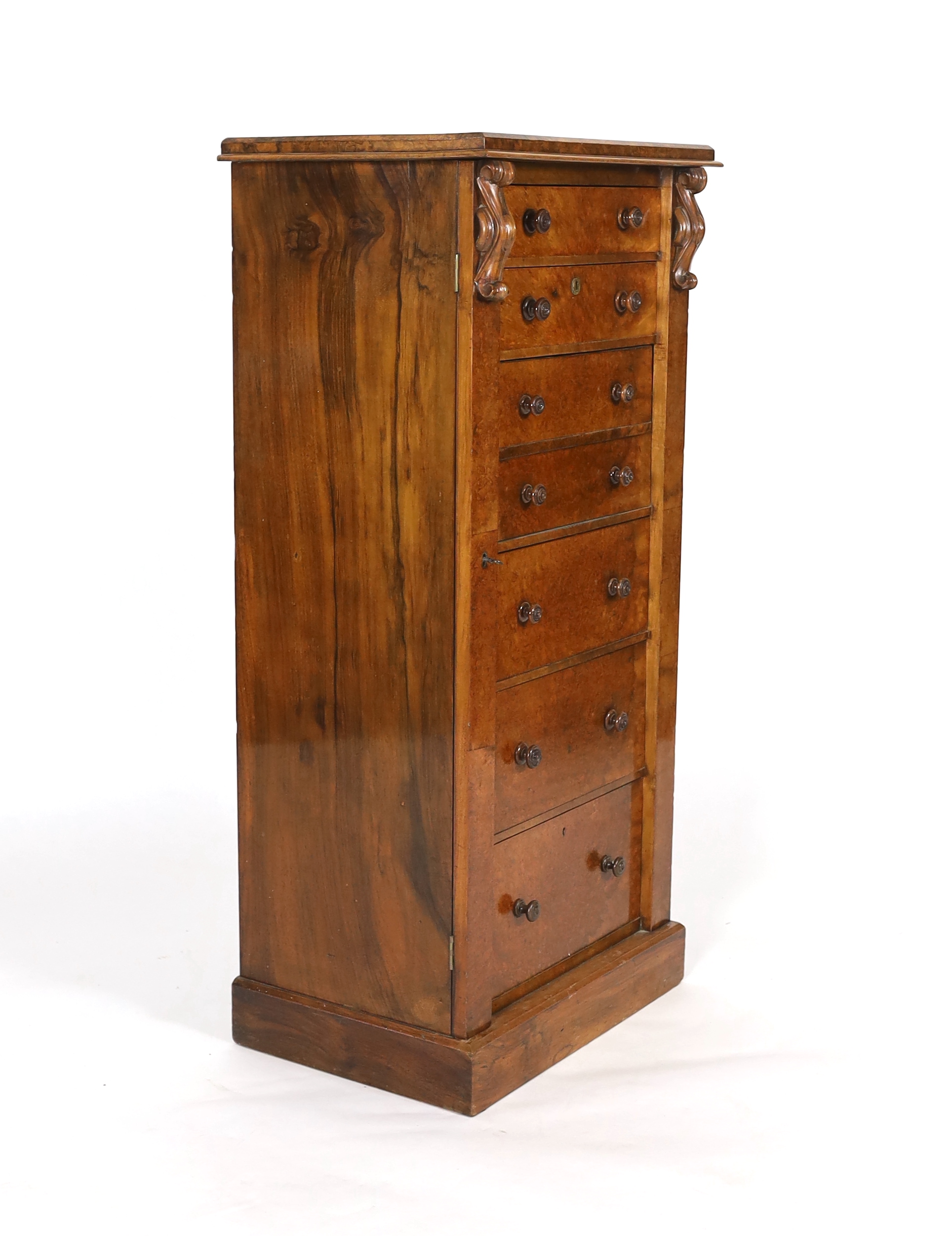 A Victorian figured walnut secretaire Wellington chest 59cm wide, 41cm deep, 121cm high